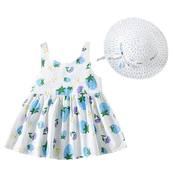 KDFJPTH Girls Toddler Summer Strawberry Print Sleeveless Dress Princess Party A-Line Dresses Straw Hat Set Big Bowknot Beach Sundress
