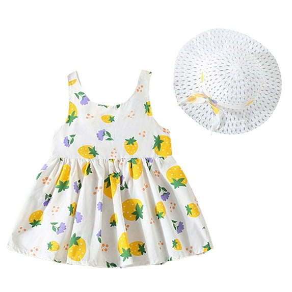 KDFJPTH Girls Toddler Summer Strawberry Print Sleeveless Dress Princess Party A-Line Dresses Straw Hat Set Big Bowknot Beach Sundress