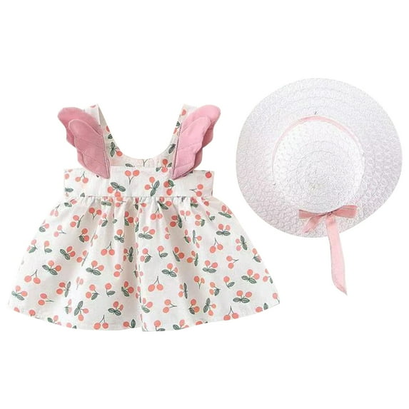 KDFJPTH Toddler Girls Sleeveless Cherry Prints Dress Summer Cute Wing Princess Party Dresses With Hat 2 Piece Set