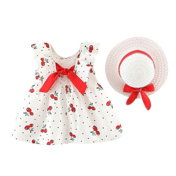 KDFJPTH Baby Girls Suspenders Princess Dress Cute Sweet Cherry Polka Dot Hat Print Summer Beach Sleevelss Dresses With Hat