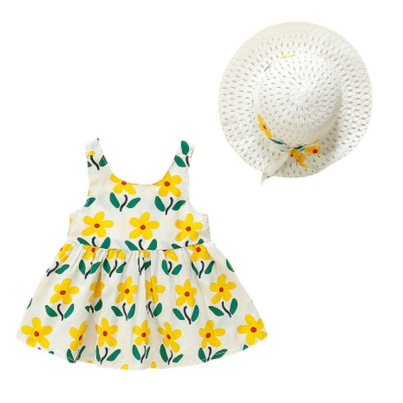 KDFJPTH Girls Toddler Summer Casual Sleeveless Flower Prints Dress Straw Hat Set Dance Party Dresses Holiday Beach Clothes