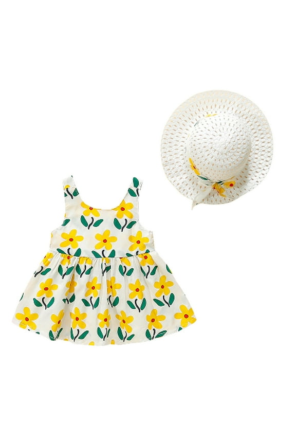 KDFJPTH Girls Toddler Summer Casual Sleeveless Flower Prints Dress Straw Hat Set Dance Party Dresses Holiday Beach Clothes
