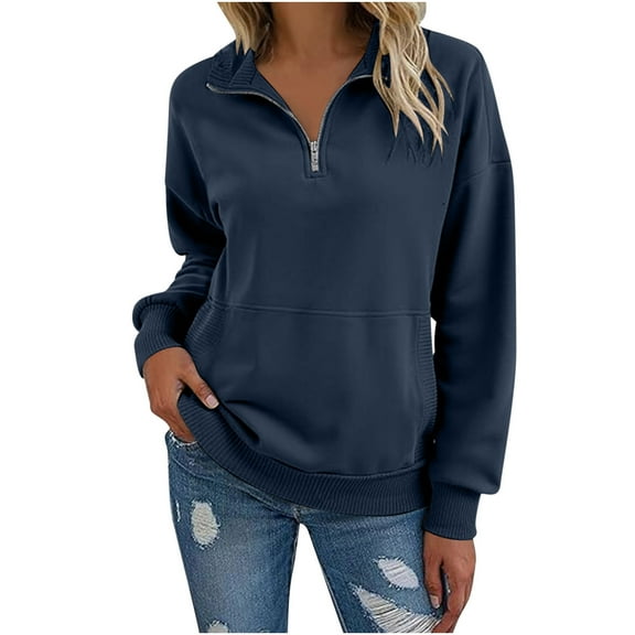 Fshion Zip Up Hoodie for Womens Plus Size Solid Color Fall Sweatshirt Casual Long Sleeve Half Zip Pullover Lightweight Sweatshirts Tops