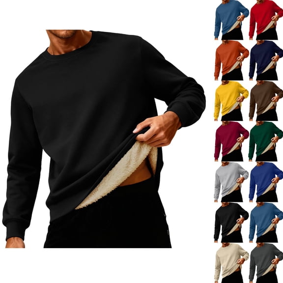 Fshiont 2026 Warm Sherpa Lined Sweatshirt for Men Fleece Lined Crewneck Heavyweight Winter Pullover Sweater Black M