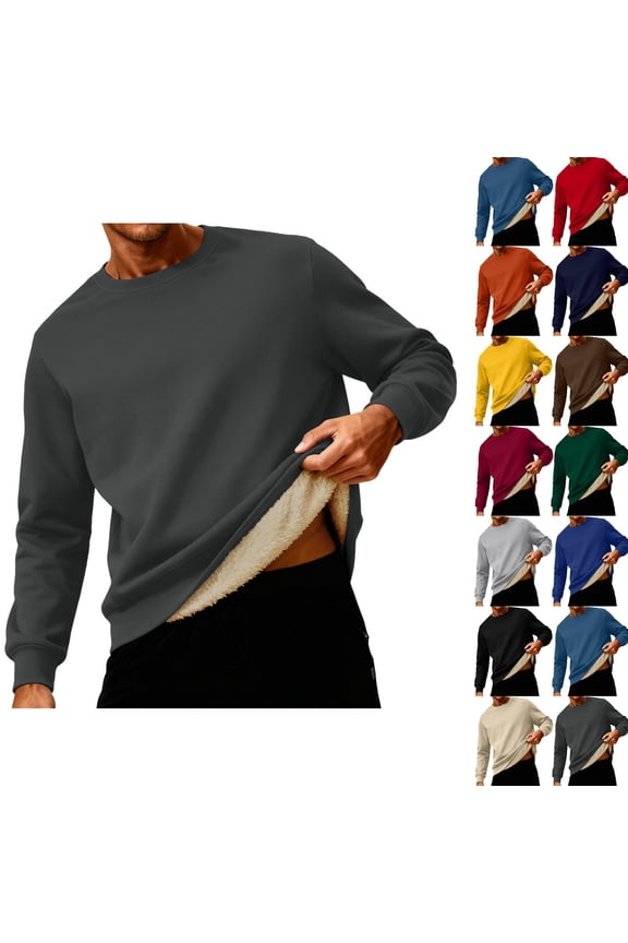 2026 Warm Sherpa Lined Sweatshirt for Men Fleece Lined Crewneck Heavyweight Winter Pullover Sweater Dark Gray 2XL