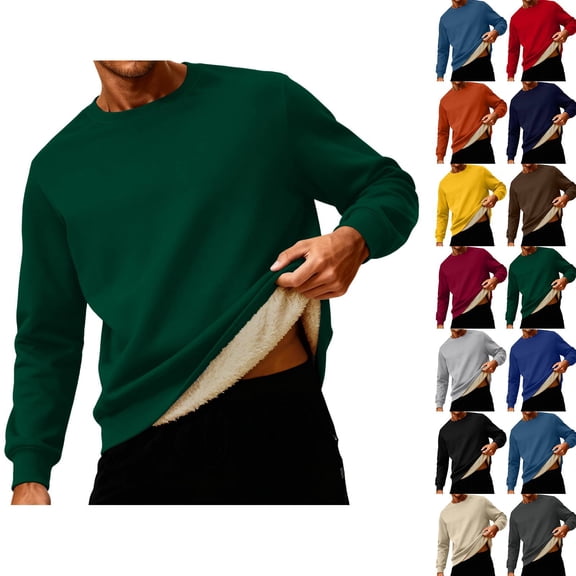 Fshiont 2026 Warm Sherpa Lined Sweatshirt for Men Fleece Lined Crewneck Heavyweight Winter Pullover Sweater Green 2XL