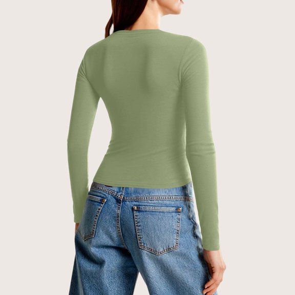 Fshiont Basic Women's Ribbed Long Sleeve Tops, V Neck Slim Fit Undershirts Knit Basic Casual Stretch Layering Tee Shirts Light Green L