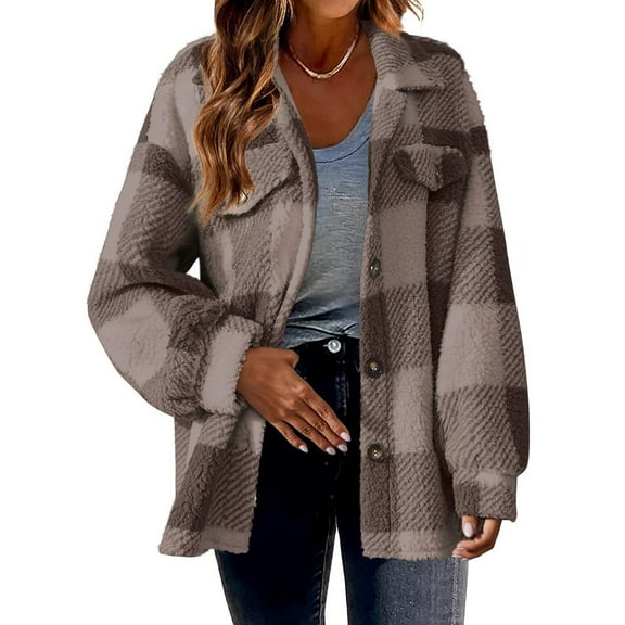 Fshiont Buffalo Plaid Jacket for Women Flannel Sherpa Button Down Shacket Casual Fuzzy Fleece Long Sleeve Shirt Coffee L