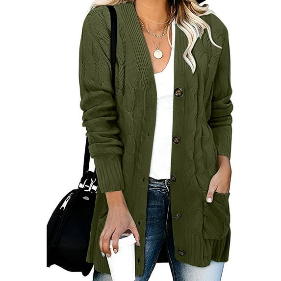 Fshiont Cardigan Sweaters for Women Long,Cable Knit Button Outerwear,Lightweight Fall Sweaters,Women's Cotton Cardigan with Pocket Army Green XL