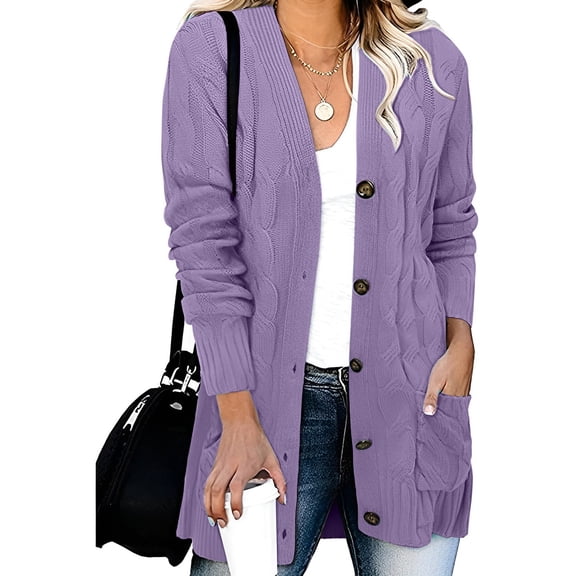Fshiont Cardigan Sweaters for Women Long,Cable Knit Button Outerwear,Lightweight Fall Sweaters,Women's Cotton Cardigan with Pocket Purple S
