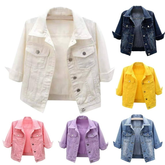 Fshiont Cropped Denim Jacket for Women 3/4 Sleeve Casual Vintage Jean Jackets Trucker Coats White M