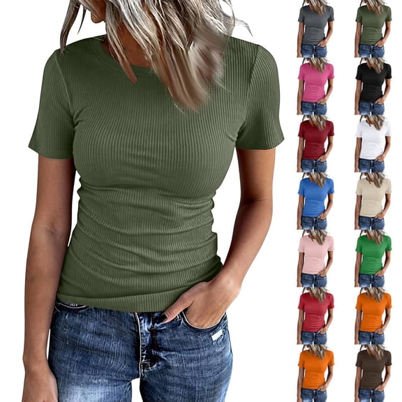 Fshiont Dressy Knit Womens Short Sleeve Stretch Crewneck Ribbed T-Shirt Fitted Casual Basic Tops Army Green L