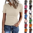 thumbnail image 1 of Fshiont Dressy Knit Womens Short Sleeve Stretch Crewneck Ribbed T-Shirt Fitted Casual Basic Tops Beige L, 1 of 6