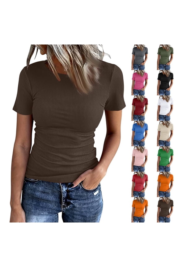 Dressy Knit Womens Short Sleeve Stretch Crewneck Ribbed T-Shirt Fitted Casual Basic Tops Brown 2XL