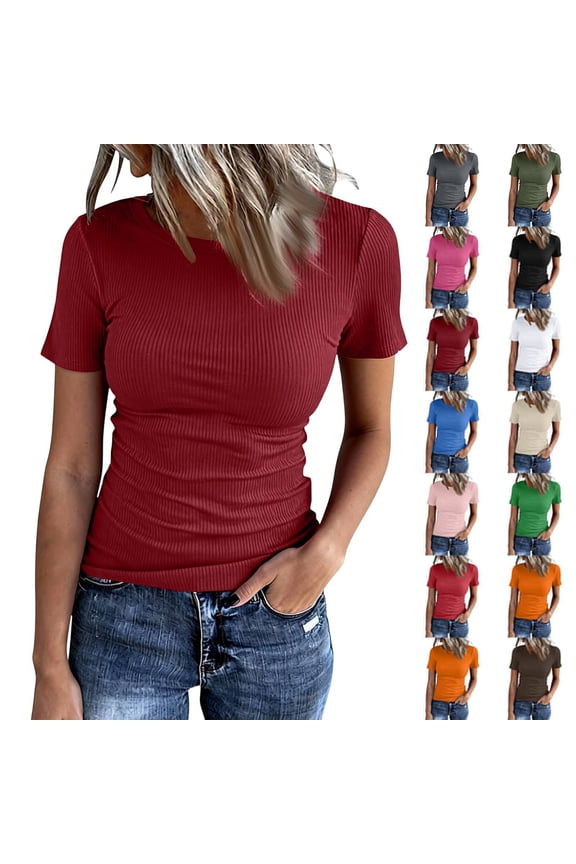 Dressy Knit Womens Short Sleeve Stretch Crewneck Ribbed T-Shirt Fitted Casual Basic Tops Wine L