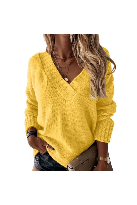 Fall Sweaters Women Long Sweaters for Women Plus Womens Plus Size Sweaters Tunic Sweaters for Women V Neck Women’s Sweater Chunky Sweater Womens Fall Yellow L