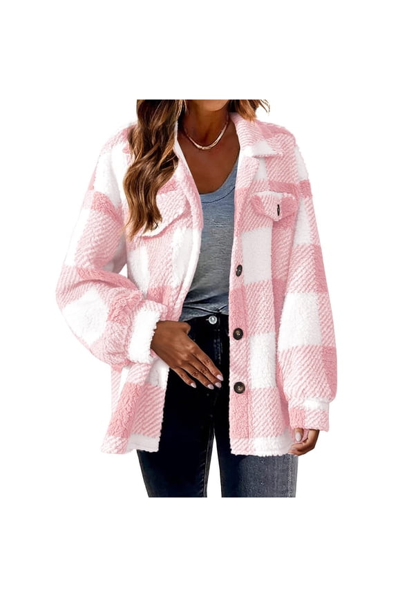 Fshiont Flannel Jacket Women Button Down Sherpa Fleece Jacket Plus Size Plaid Shacket Soft Fluffy Fuzzy Sweater Outerwear Pink L