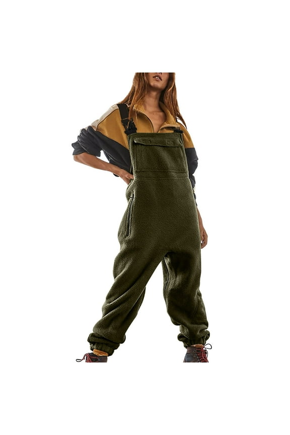 Fleece Overalls for Women Loose Fit Warm Winter Jumpsuit with Pockets Casual Fuzzy Sherpa Lined One Piece Army Green M