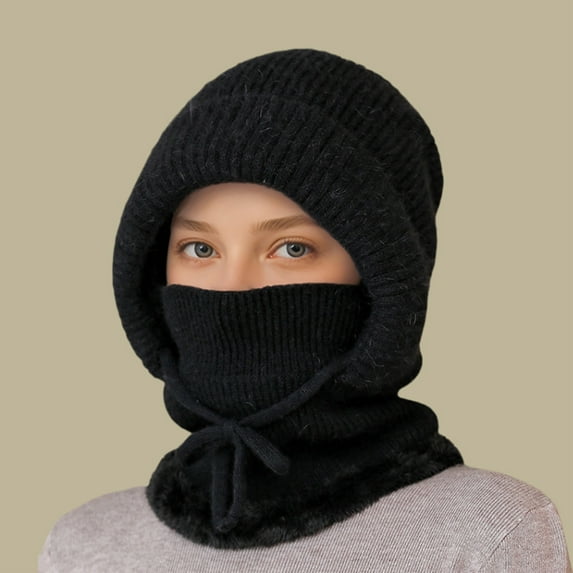 Fshiont Hooded Scarf Hat Knit Balaclava Women Beanie Skull Cap with Drawstring Warm Winter Hats for Women Men Outdoor Sports Black