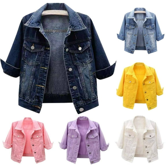 Fshiont Jean Jacket Women 2025 Plus Size 3/4 Sleeve Button Down Colored Cropped Denim Jacket Lightweight Trendy Casual Coats Dark Blue L