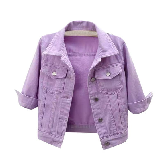 Fshiont Jean Jacket Women 2025 Plus Size 3/4 Sleeve Button Down Colored Cropped Denim Jacket Lightweight Trendy Casual Coats Purple 3XL