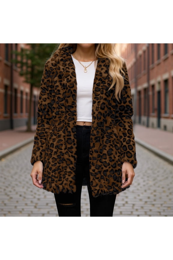 Leopard Print Faux Fur Coat Women Plus Size Lightweight Jacket Cheetah Print Fleece Winter Jackets Elegant Partywear Black M