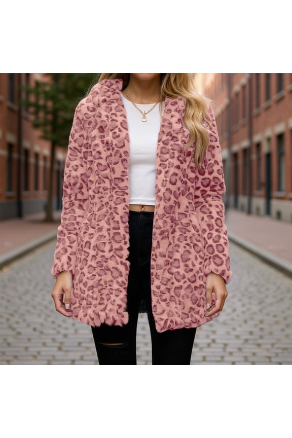 Leopard Print Faux Fur Coat Women Plus Size Lightweight Jacket Cheetah Print Fleece Winter Jackets Elegant Partywear Pink 3XL