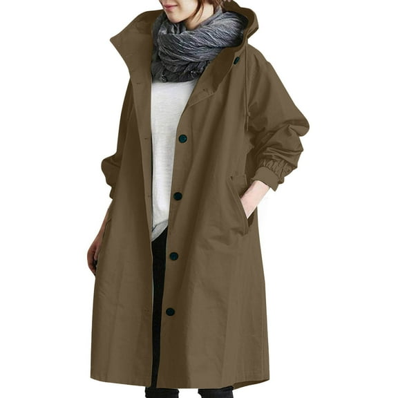 Fshiont Long Rain Jacket Women Waterproof Rain Coats with Hood Lightweight Windbreaker Outdoor Trench Coat Raincoat Army Green S