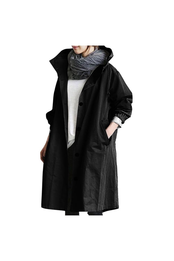 Long Rain Jacket Women Waterproof Rain Coats with Hood Lightweight Windbreaker Outdoor Trench Coat Raincoat Black 2XL