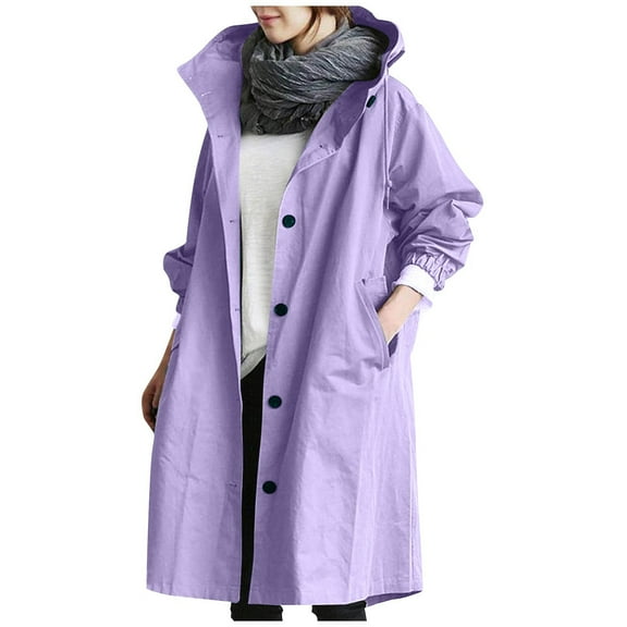 Fshiont Long Rain Jacket Women Waterproof Rain Coats with Hood Lightweight Windbreaker Outdoor Trench Coat Raincoat Light Purple 2XL