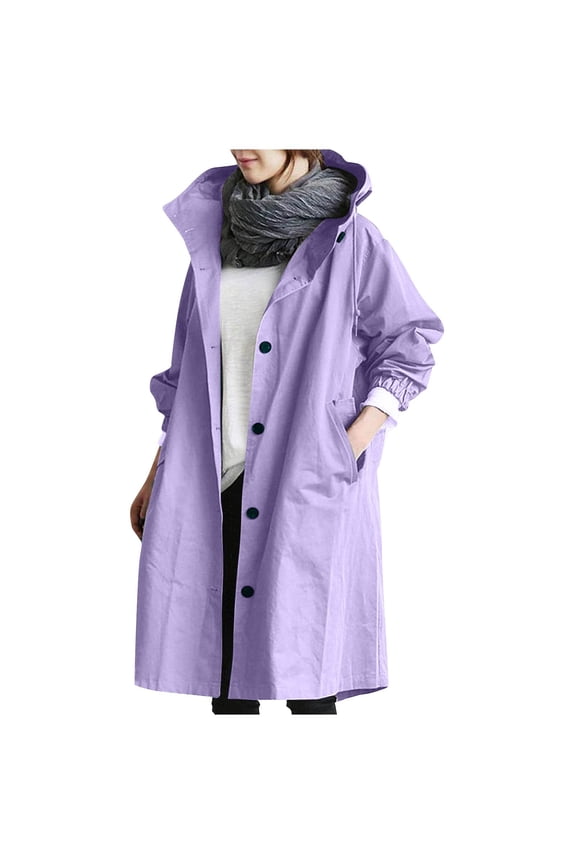 Long Rain Jacket Women Waterproof Rain Coats with Hood Lightweight Windbreaker Outdoor Trench Coat Raincoat Light Purple 3XL