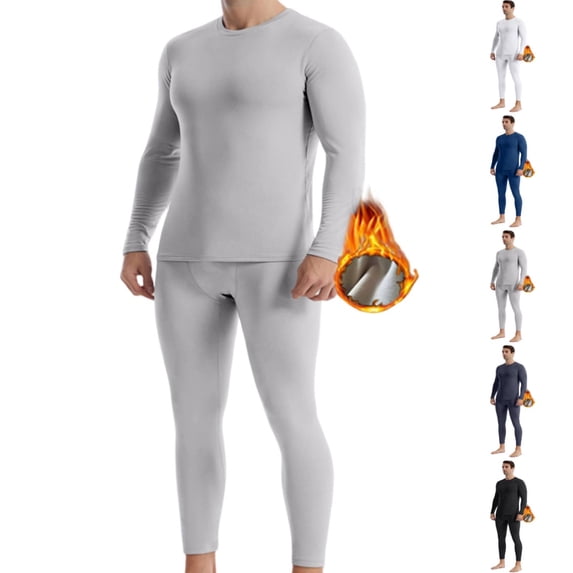 Fshiont Men Thermal Underwear Set Long Johns Pants Long Sleeve Soft Underwear Kit Top Bottom Winter Sports Suits Light Gray XL