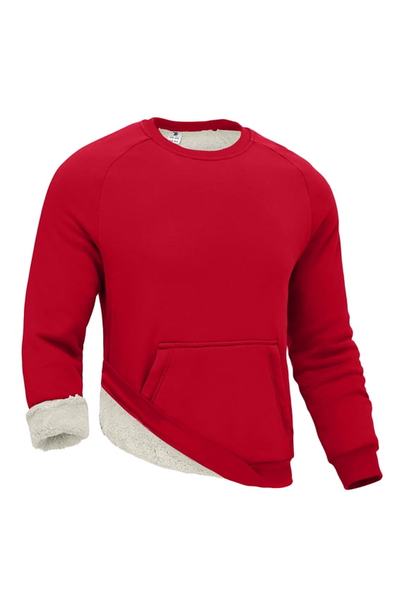 Men's Sherpa Lined Sweatshirts Warm Soft Crewneck Sweatshirts Heavyweight Winter Pullover Kangaroo with Pouch Pocket Red L