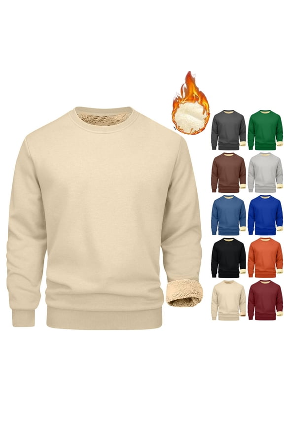 Mens Sherpa Fleece Lined Sweatshirt Crewneck Basic Thermal Pullover Tops Winter Thick Heavyweight Warm Sweater Shirts Beige XL