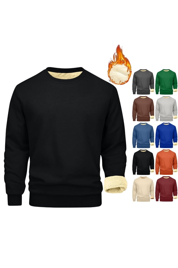 Mens Sherpa Fleece Lined Sweatshirt Crewneck Basic Thermal Pullover Tops Winter Thick Heavyweight Warm Sweater Shirts Black S