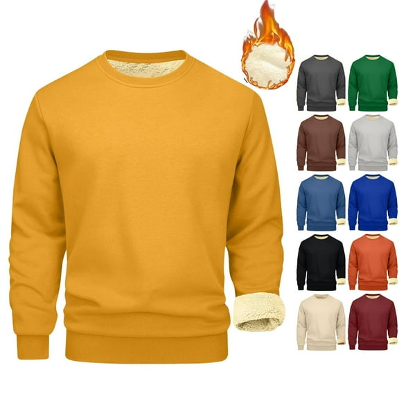 Fshiont Mens Sherpa Fleece Lined Sweatshirt Crewneck Basic Thermal Pullover Tops Winter Thick Heavyweight Warm Sweater Shirts Yellow L