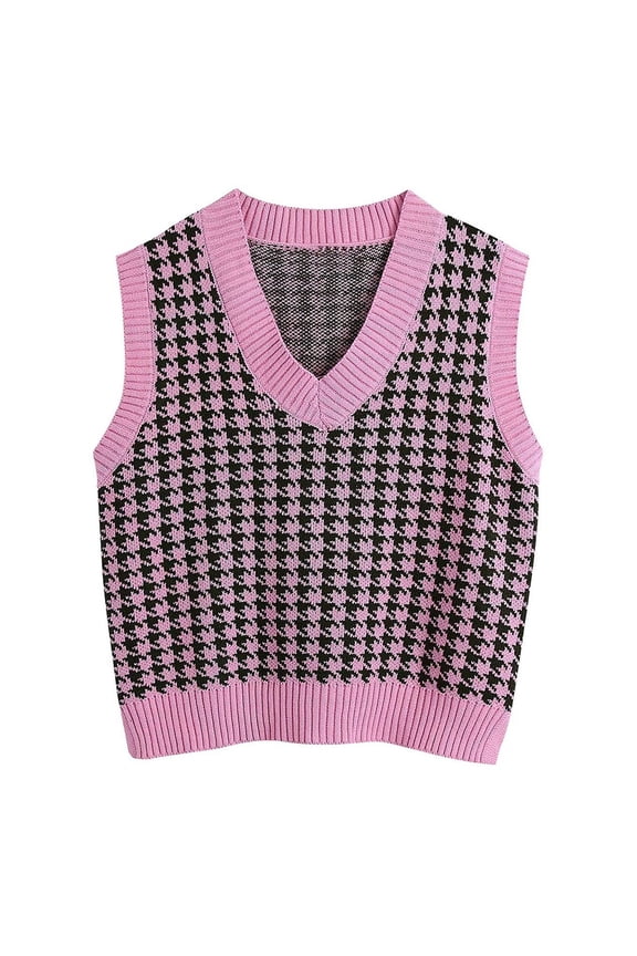 Oversized Sweater Vest Women Casual V Neck Houndstooth Knit Sweaters 2025 Fall Aesthetic Checkered Work Vests Hot Pink L