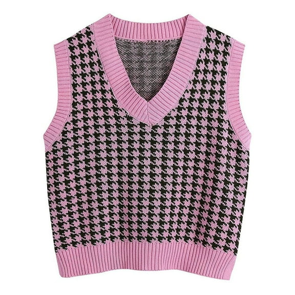 Fshiont Oversized Sweater Vest Women Casual V Neck Houndstooth Knit Sweaters 2025 Fall Aesthetic Checkered Work Vests Hot Pink XL