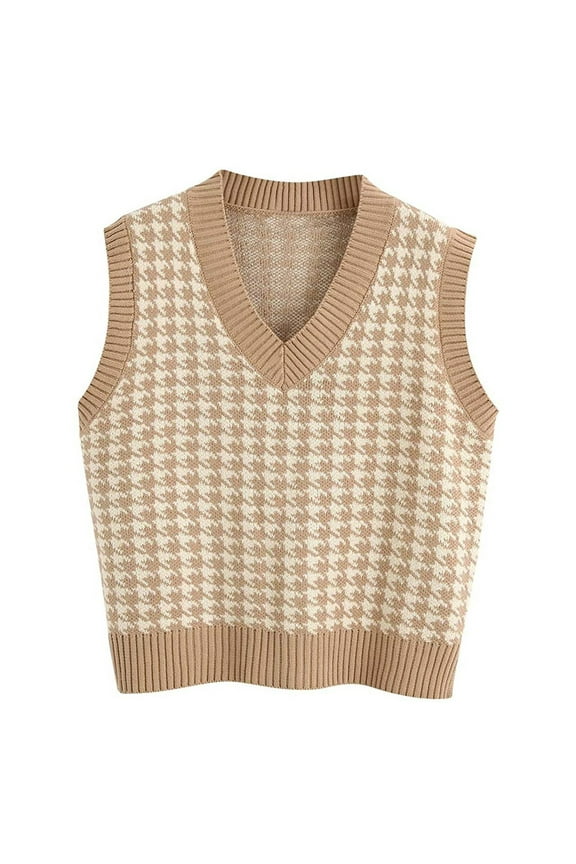 Oversized Sweater Vest Women Casual V Neck Houndstooth Knit Sweaters 2025 Fall Aesthetic Checkered Work Vests Khaki S
