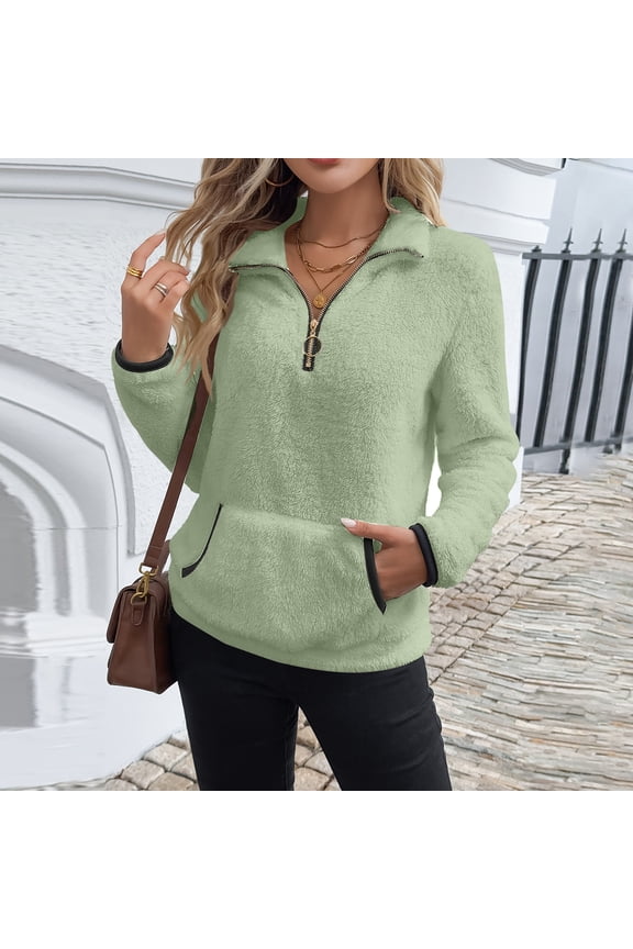 Quarter Zip Pullover Women Cable Fuzzy Fleece Pullover Sherpa Fall Warm Oversized 3/4 Zip Sweatshirt with Pocket Light Green 2XL