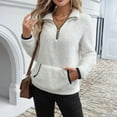 thumbnail image 1 of Fshiont Quarter Zip Pullover Women Cable Fuzzy Fleece Pullover Sherpa Fall Warm Oversized 3/4 Zip Sweatshirt with Pocket White XL, 1 of 6