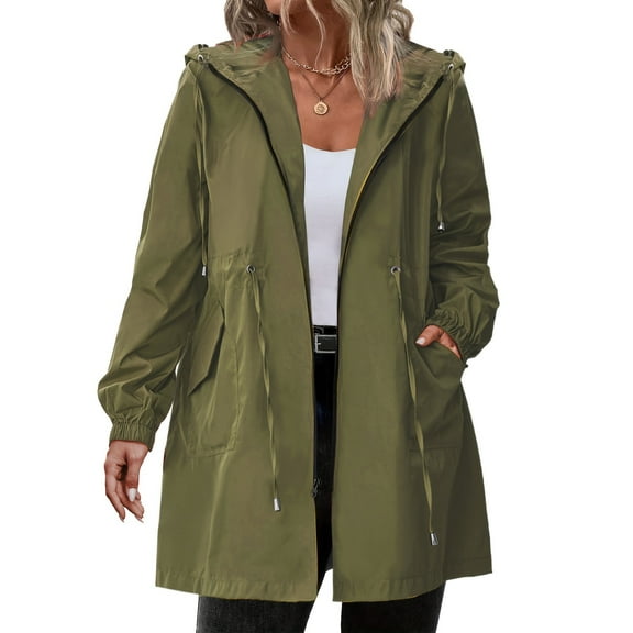 Fshiont Rain Jacket Women Striped Lined Hooded Lightweight Raincoat Outdoor Waterproof Windbreaker Army Green 3XL
