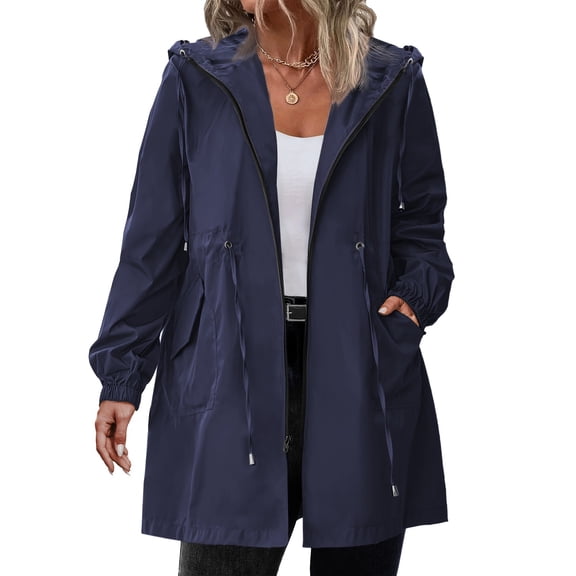 Fshiont Rain Jacket Women Striped Lined Hooded Lightweight Raincoat Outdoor Waterproof Windbreaker Navy 3XL