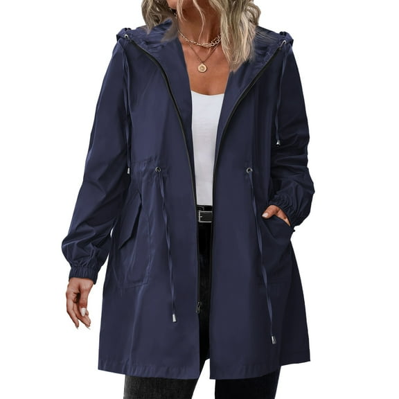 Fshiont Rain Jacket Women Striped Lined Hooded Lightweight Raincoat Outdoor Waterproof Windbreaker Navy 4XL