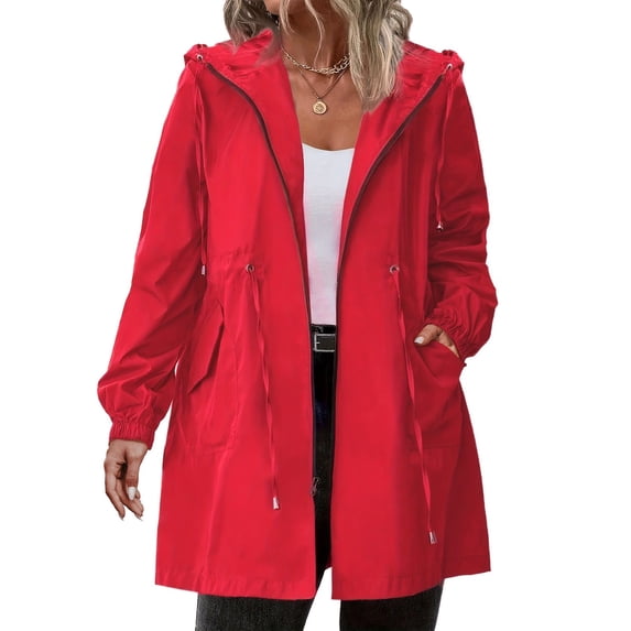 Fshiont Rain Jacket Women Striped Lined Hooded Lightweight Raincoat Outdoor Waterproof Windbreaker Red 2XL