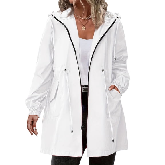 Fshiont Rain Jacket Women Striped Lined Hooded Lightweight Raincoat Outdoor Waterproof Windbreaker White XL