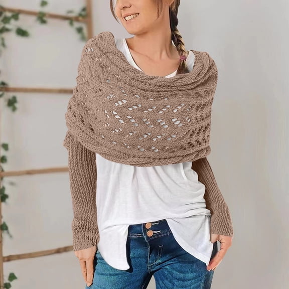 Fshiont Scarf with Sleeves for Women, Shawl Wraps Knitted Cable Crochet Multifunctional Scarf Sweaters with Sleeves Camel
