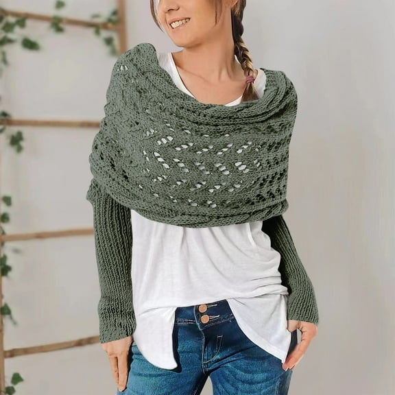 Huankd Scarf with Sleeves for Women, Shawl Wraps Knitted Cable Crochet Multifunctional Scarf Sweaters with Sleeves Light Green