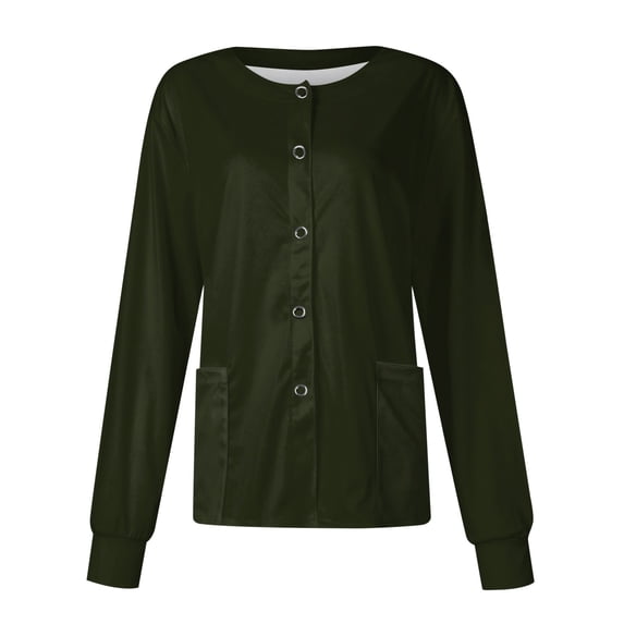 Fshiont Scrub Jackets for Woman Long Sleeve Snap Front Solid Color Scrub Tops Plus Size Warm Up Medical Nurse Working Uniform Army Green 4XL