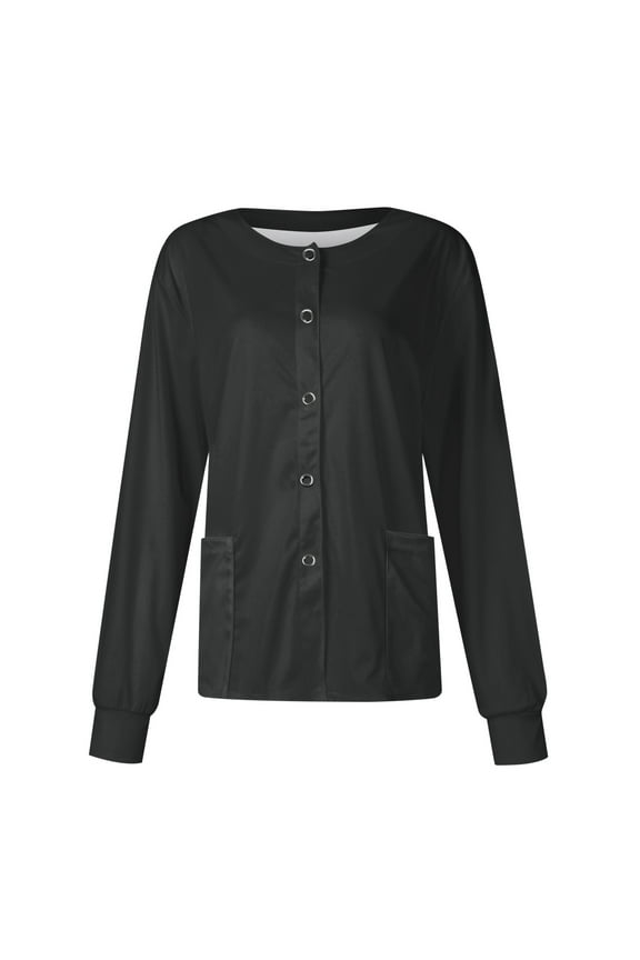 Scrub Jackets for Woman Long Sleeve Snap Front Solid Color Scrub Tops Plus Size Warm Up Medical Nurse Working Uniform Black M